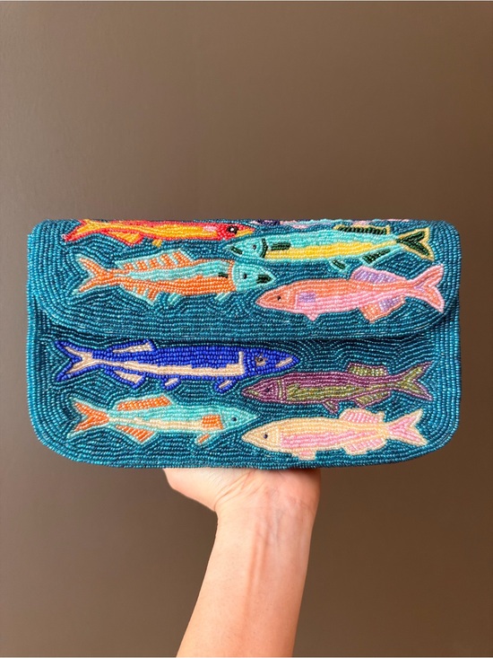 Handbags - Hand-Beaded Fish Clutch in Teal with Multi-Color Fish Motif